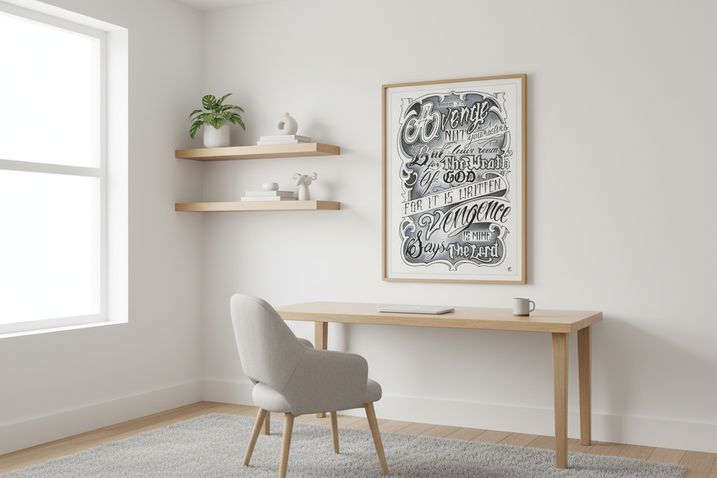 Romans 12:19 vengeance scripture print in modern room setting - Christian wall decor lifestyle mockup
