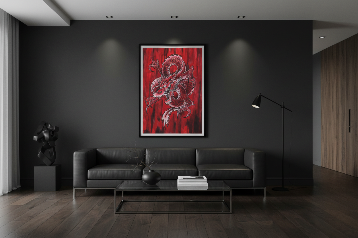 Revelation 12:9 great dragon scripture print in minimalist room setting - Christian wall decor lifestyle mockup