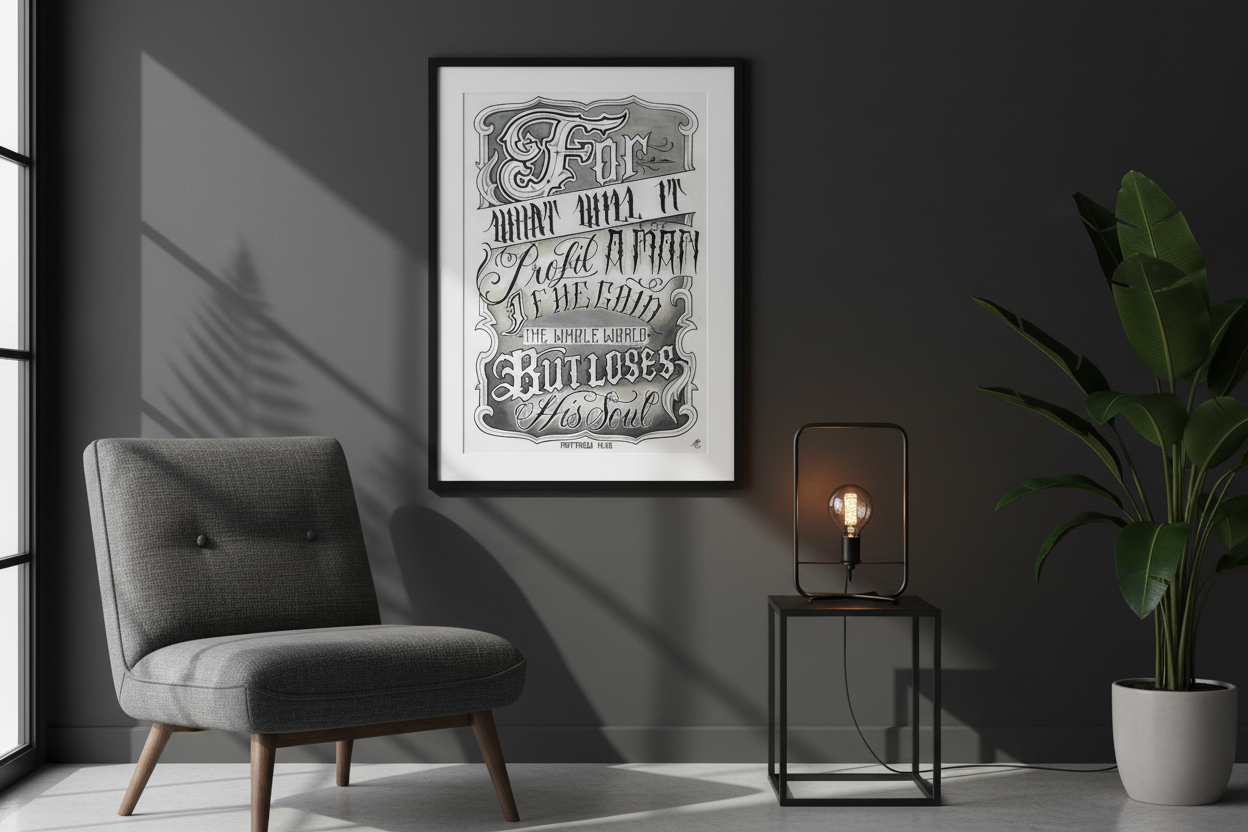 Matthew 16:26 gain the world lose soul verse - Christian wall art print alternative view