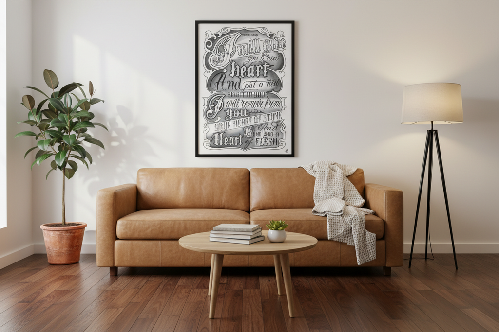 Ezekiel 36:26 new heart scripture print in minimalist room setting - Christian wall decor lifestyle mockup