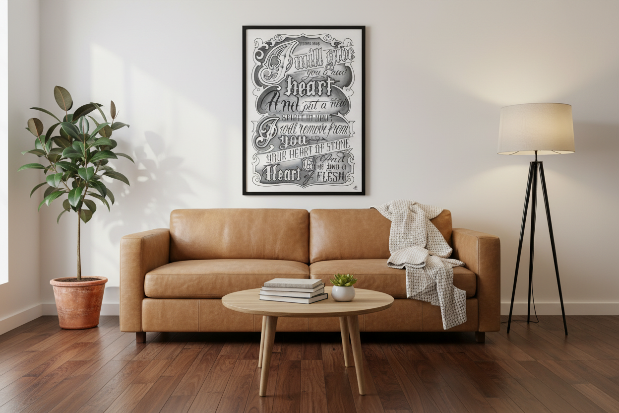 Ezekiel 36:26 new heart scripture print in minimalist room setting - Christian wall decor lifestyle mockup