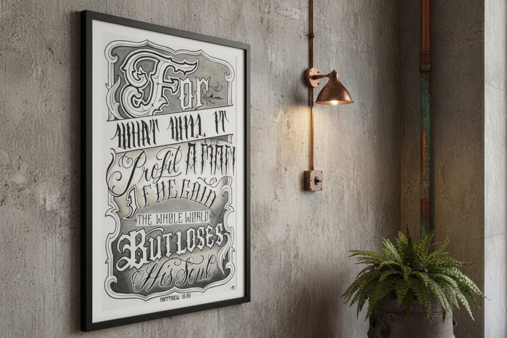 Matthew 16:26 scripture print in modern minimalist room setting - Faith-based wall decor lifestyle mockup