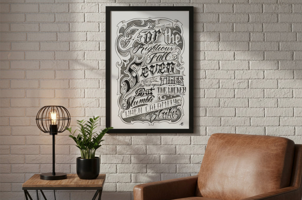 Proverbs 24:16 resilience scripture print displayed in modern home interior setting