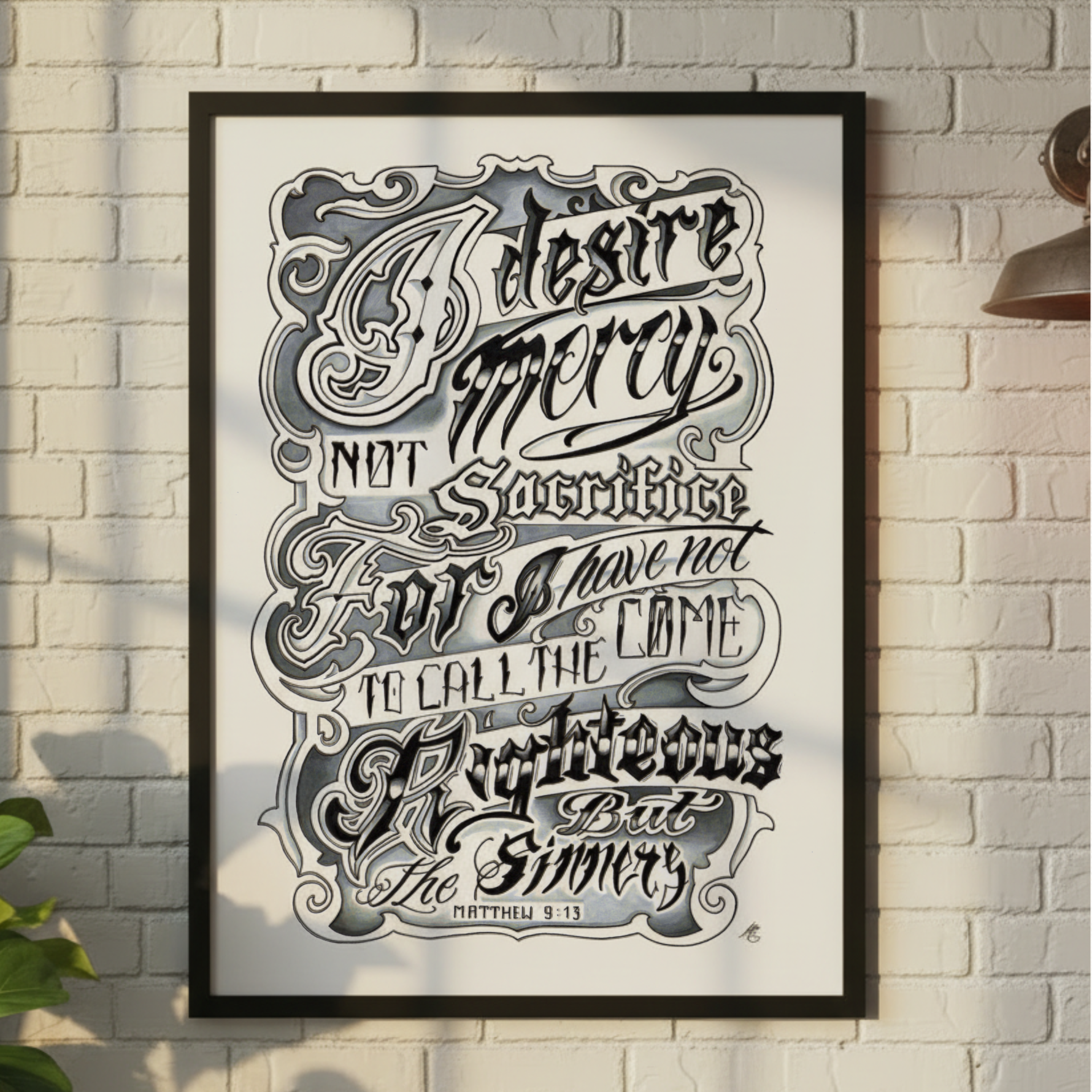 Matthew 9:13 Scripture Print displayed in modern home interior
