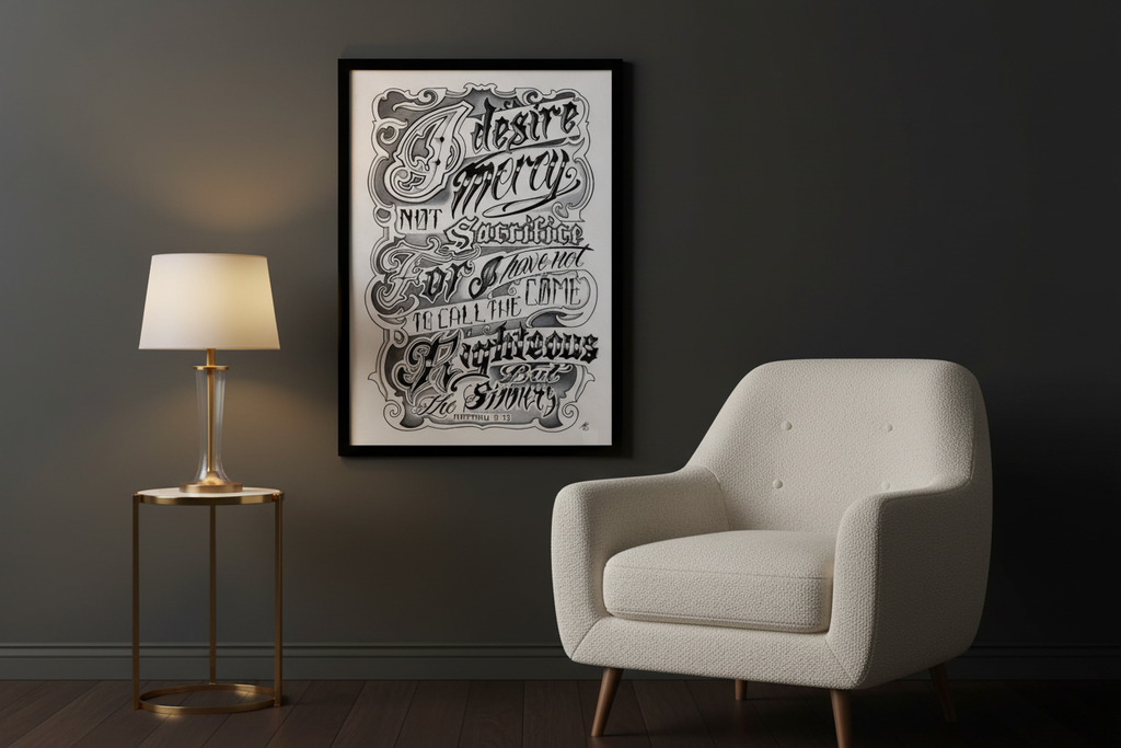 I Desire Mercy Matthew 9:13 framed print styled with lamp and chair in living room
